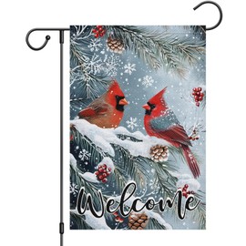 Heyfibro Welcome Winter Garden Flag Cardinal Red Bird Christmas Garden Flag 12x18 Inch Double Sided Burlap Snowflake Holly Red Berry Rustic Yard Flags for Seasonal Christmas Winter Farmhouse Decoration(ONLY FLAG)