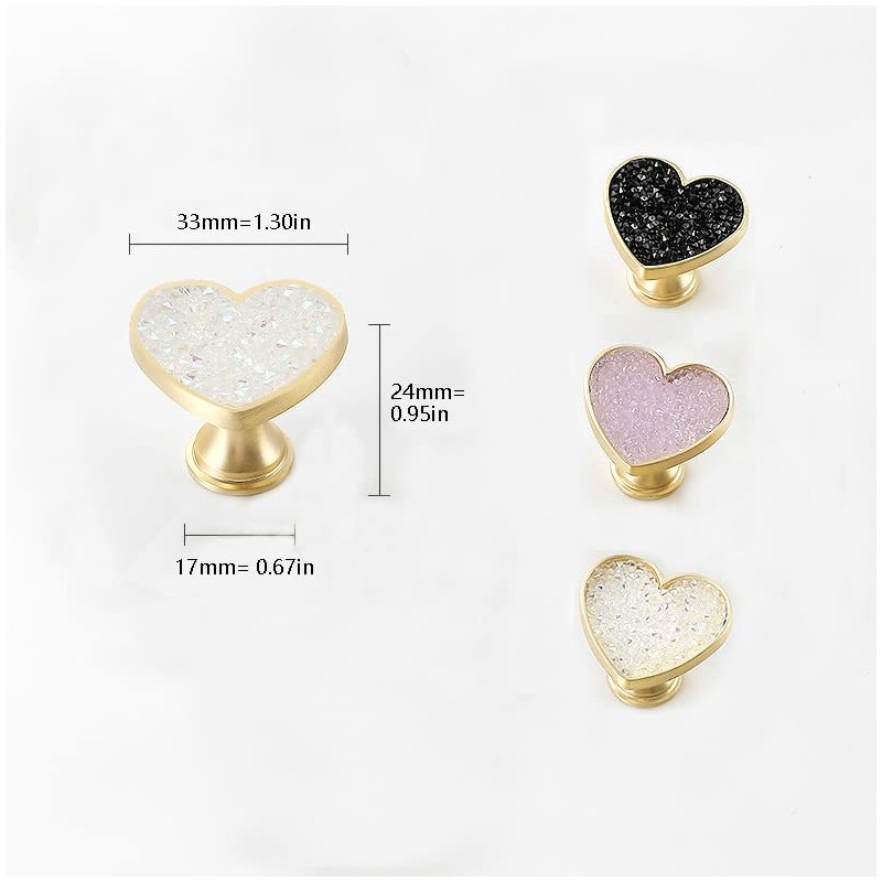 YOUYOUULU 4Pcs Golden-Brass-Heart-Drawer-Knobs, White-Crystal-Cabinet-Knobs, Gold-Copper-Furniture-Cupboard-Dresser-Handles (White Crystal)