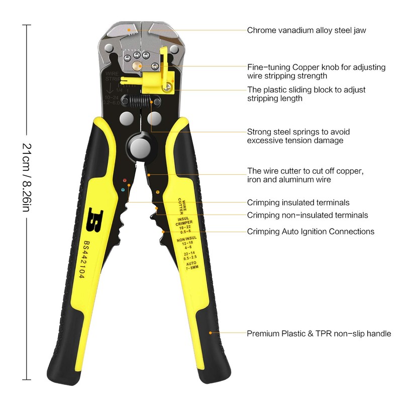 Wire Stripper, Automatic 0.2-6.0 mm² / 24-10 AWG, 3-in-1 Multifunctional