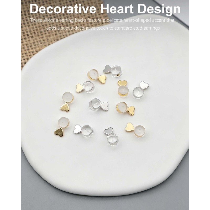 12 Pack Heart Silicone Earring Backs, Soft Clear Rubber Earring