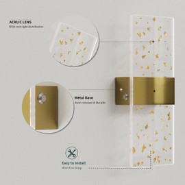Lumiquesce Battery Operated Wall Sconce | Gold Leaf, Gold Base - Wireless Rechargeable, 5000mAh, Remote Control, 3CCT Stepless Dimming, Timer, Modern Sconce for Living Room Stairway Bedroom 1 Pack