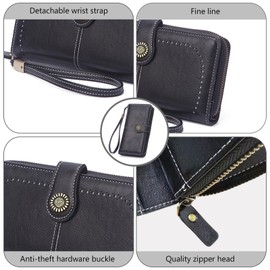 VANOLU Large Capacity Leather Wallet for Women, RFID Blocking, Multiple Card Slots, Turquoise (Black)