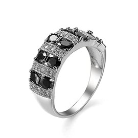 WTH OYE 925 Sterling Silver Full Diamond Ring Shiny Black Onyx Ring Oval Cut Cubic Zirconia Promise Rings CZ Black Gem Cocktail Rings Eternity Engagement Wedding Band Ring for Women W.53 (US Code 8)