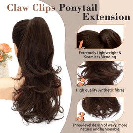 MOCA HAIR Ponytail Extension,Medium Brown 18 Inch Claw Clip Ponytail Extension, Soft Wavy Curly Clip on Ponytails for Women Heat Resistant Synthetic Hairpiece for Daily Use