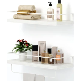 Shario Floating Shelves - Set of 2, Wall Mounted Hanging Shelves with White Towel Rack, Decorative Storage Shelves for Bathroom, Kitchen, Living Room & Bedroom (Rustic White)
