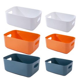 Pack of 6 Plastic Storage Boxes, Multiple Colours Organisation Storage Baskets for Kitchen, Cupboard, Office, Bathroom, Toy, Home Tidy Open Storage Bins with Handles (3 Pieces 24 x 17.5 x 9.5 cm + 3