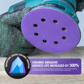 5 Inch 8 Hole Sanding Discs Purple Sanding Disc 120 Grit Ceramic Sanding Discs, Heavy-Duty Hook and Loop Film Discs Sandpaper for Random Orbital Sanders, 36 Pack