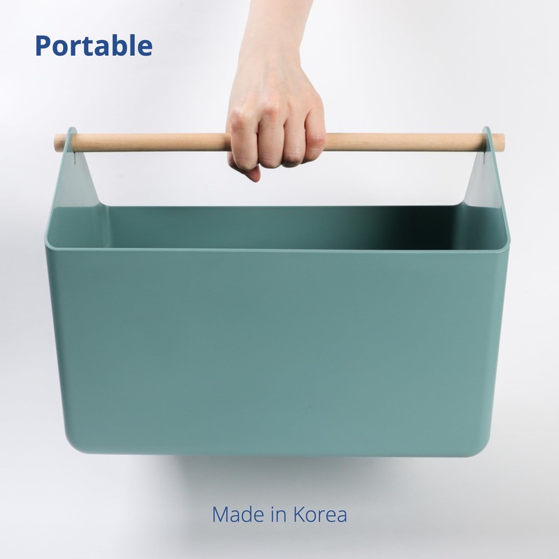 BLUE GINKGO Large Storage Basket – Plastic Caddy with Wooden