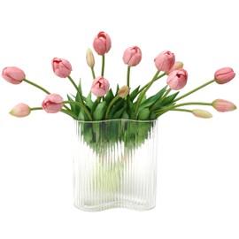 Prakilom Artificial Tulips Flowers (15pcs, Deep Pink), Real Touch Latex Bouquet for Home, Wedding, Table Centerpiece and Party Events Decoration, DIY Fake Floral Arrangements (Vase not Included)