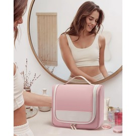 LOVEVOOK Women's Toiletry Bag, Waterproof Hanging Toiletry Bag with Hooks, Large Wash Bag, Cosmetic Bag, Cosmetic Case, Cosmetic Bag for Travel Make Up, Pink and beige, M, Toiletry bag