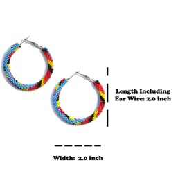 Handmade tribal Long Fringe native glass seed beads beaded earrings (Sky-Blue Multi Hoop)