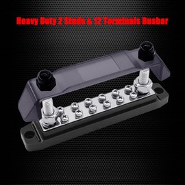 Ampper Power Distribution Block Bus Bar 12V, 2 x M10 (3/8") Studs & 12 x M4 (#8) Screws, 6.3" 300A Marine BusBar Battery Distribution Block W/Cover for Car Boat Solar (Black)