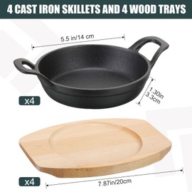 Sliner 4 Sets Mini Cast Iron Skillet Small Cast Iron Plates Skillet with Wooden Base Small Round Pan Fajita Plate Pot for Baking Cooking(5.5 Inch)