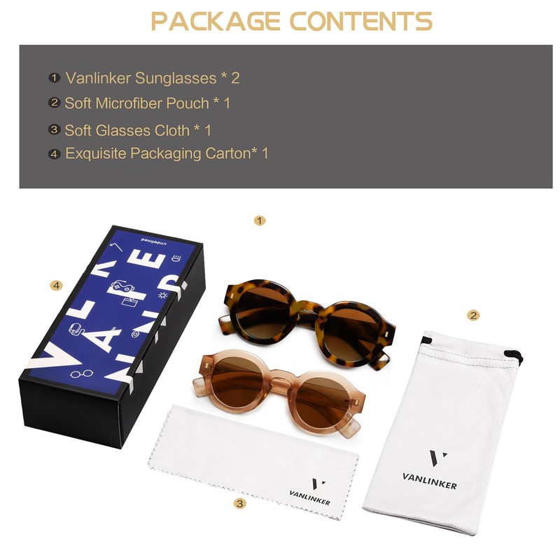 VANLINKER 2 Pack Vintage Round Polarized Sunglasses for Women Men