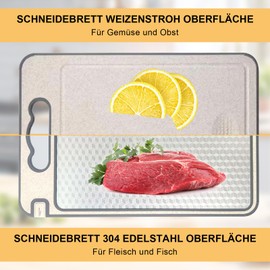 Stainless Steel Chopping Board, Double-Sided Chopping Boards (304 Stainless Steel and Wheat Straw), Chopping Board, Dishwasher Safe, Kitchen Board with Juice Groove & Sharpening Edge, Cutting Board