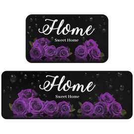 mnccshwuo Purple Floral Kitchen Mat Set of 2, Purple and Black Kitchen Rugs Non-Skid Washable Kitchen Mats for Kitchen Sink Floor, Farmhouse Rose Kitchen Decor and Accessories Floral Kitchen Rug