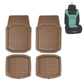 FH Group Automotive Floor Mats - Universal Fit Full Set PU Leather Floor Mats, Solid Brown - Deep Dish Design Floor Mats for Most Sedan, SUV and Truck Floor Mats Combo Small Car Seat Cover Design