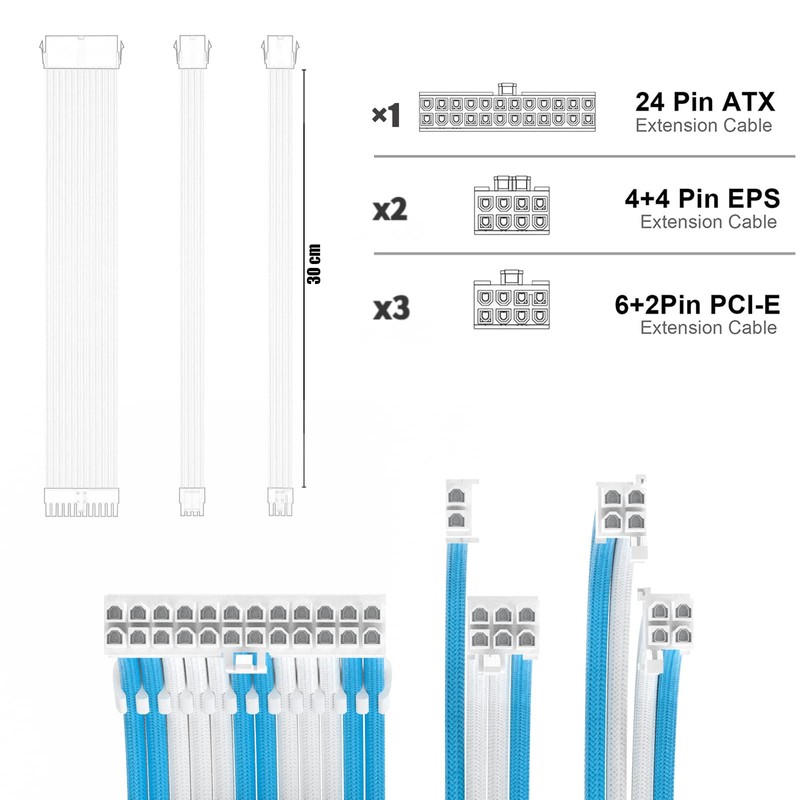 ABNO1 PSU Cable Extension Kit 30CM Length with Cable Combs,1x24Pin/2x8Pin(4+4)
