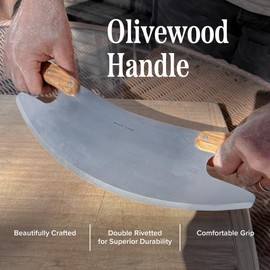 17” Pizza Cutter Rocker Blade - Stainless Steel Slicer with Double Olivewood Handles for Easy Cutting - Large Mezzaluna Chopper - Pizza Oven Accessories by Classic Cuisine