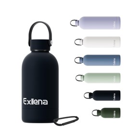 Exllena Small Water Bottles 12 oz with Handle Lid and Carabiner, Mini Insulated Water Bottle Double Wall Vacuum Leakproof for Kids/Adults (Black)