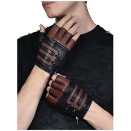 FIORETTO Mens Genuine Leather Fingerless Gloves Unlined Half Finger Punk Gloves for Driving Cycling Motorcycle Brown Medium