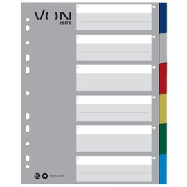 VON Leitz 13050000 Pack of 10 6-Piece A4 Dividers Blank Dividers for Folders, Polypropylene, Extra Wide, 11-Hole Universal Index for Loose Leaf Folders and Ring Binders, Multicoloured