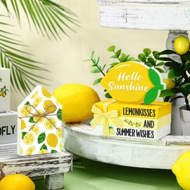 Maitys 5 Pcs Summer Tiered Tray Decor Lemon Sunflower Beach Watermelon Mini Faux Books Stack with Twine Summer Wood Table Decor Lemon Sunflower Starfish Watermelon Truck Gnome Sign Decor(Lemon)