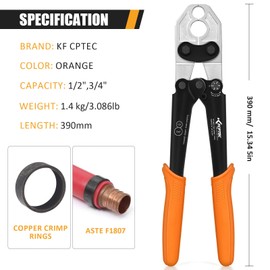 KF CPTEC PEX Clamp Tool Kit, 1/2" & 3/4" PEX Crimping Tool with Go/No-Go Gauge, ASTM F1807 Compliant, Chrome-Plated Jaw, Includes Assorted Accessories for Plumbing Installation & Repair