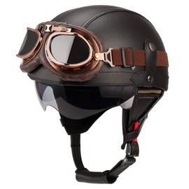 German Style Leather Motorcycle Half Helmet for Adults Men Women, DOT Approved Vintage Cap Half Face Shell Motorcycle Helmets for Cruiser Chopper+Goggles(Black,X-Large)