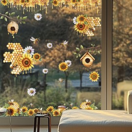 ANATTASOUL Stickers Window, Double Sided Bees and Sunflowers Window Clings, PVC Static Window Stickers, Anti-Collision Glass Window Doors Stickers for Office School Home Party Decoration