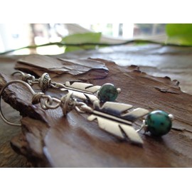Stylish feather with turquoise and decorated rondell unique earrings in turquoise on homemade hooks