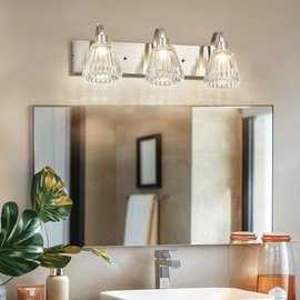 Emliviar 23 Inch Bathroom Vanity Light, 3-Light Indoor Wall Lamp for Vanity 15W LED Dimmable, 5CCT Adjustable,Brushed Nickel Finish with Fluted Ripple Glass, HE290B-3W LED BN