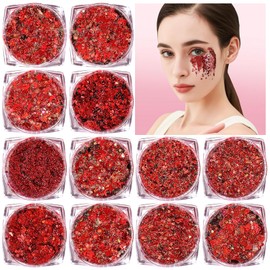Body Glitter Face Glitter, Hair Glitter for Kids, 12 Shapes Fine Chunky Glitter Gel for Women Girls Makeup Sparkles Party Mermaid Sequins Rave Accessories Singer Concerts Festival (Red Scheme)
