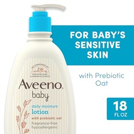 Aveeno Baby Loción corporal hidratante diaria para pieles sensibles, loción hidratante hipoalergénica para bebés con avena nutritiva para hidratar profundamente la piel del bebé, sin fragancia, 18