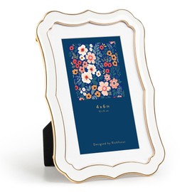 4x6 Enamel Picture Frame with HD-Tempered Glass, Display 3x5 Photo with Mat, Ornate Photo Frame with Gold Metal Edge & Velvet Back for Tabletop & Wall Mount Vertically or Horizontally Display, White
