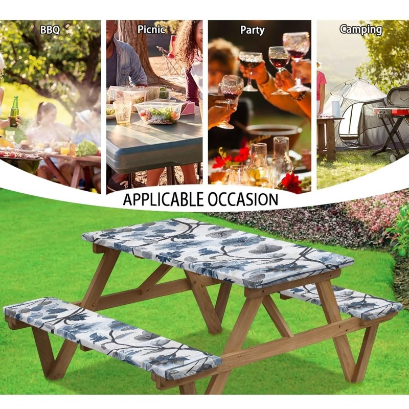YUVAMAGIMO Blue Floral Picnic Table Cover with Bench Covers Fancy