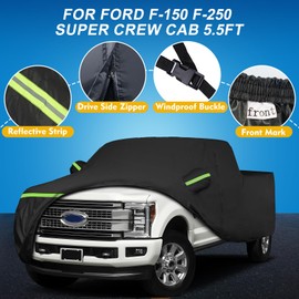 QUNSUNUS Waterproof Truck Cover for Ford F-150/F-250 Super Crew Cab 5.5ft Short Bed, Outdoor Truck Cover with Zipper, Full Exterior Car Covers All Weather with Wind, Sun, UV and Dust Protection