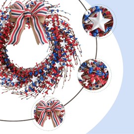 Idyllic 18 Inch Patriotic red White Blue Berries Leaves Wreath for Front Door, Memorial Day Burlap Bow Wreath for Home Decor, Independence Day Forth of July for Indoor and Outdoor