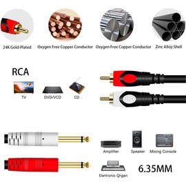 Tunghey 1/4 to RCA Cable - 6.35mm TS Mono Plug to Dual RCA Male TSR Cable for Mic Mixer Amplifier (5m)