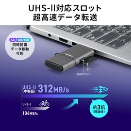 Sanwa Direct 400-ADR338GM SD Card Reader, USB-A Type-C Connection, UHS-II Compatible, 2-in-1 SD, microSD, Simultaneous Recognition, USB3.0, 5Gbps, High Speed SDXC/SDHC, Gun Metallic