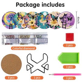 DOTSOPS 6 Pcs Diamond Art Kits for Adults - Diamond Art Coasters with Holder for Adults Beginners Diamond Craft for Christmas Birthday Gifts (Butterfly Moon)