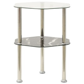 Strawberry Fairy Maximize Space with 2-Tier Side Table, Hexagon Shape, Tempered Glass and Black Marble Finish, 15" x 15" x 19.7"