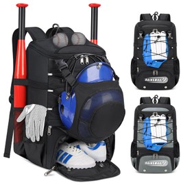 Baseball Bag for Youth & Adult Lightweight Softball Bat Bag with Shoe Compartment, External Helmet Holder and Fence Hook Waterproof Baseball Backpack Hold T-Ball, Bat and Softball Equipment, Black