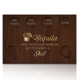 BENECREAT Word Tequila Shot Glasses Serving Tray, Wooden Flight Tray Glass Holder with Lemon Salt Rim Shot Glasses Board for Bar, Restaurant, Party, Family Gathering, 7.87x11.8 Inch