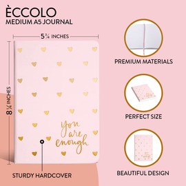 Dayna Lee Heart Lined Journal Notebook, Die Cut Hardcover, A5 Writing Journal, 256 Ruled Pages, Ribbon Bookmark, Lay Flat, Notebook for Work or School, “You are Enough” (Pink, 6x8 inches, Eccolo)