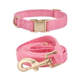 Ewinoom Soft Corduroy Dog Collar and Leash Set Adjustable Durable Dog Collars with Metal Buckle and Lead for Female Large Dogs,Hot Pink