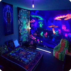 Roninkier Wandteppich Pilze Sternenhimmel Fluoreszenz-UV - Psychedelische Wald Wandbehang Boho Wanddekoration VerträUmt Tapestry Wall Hanging für Schlafzimmer Wohnzimmer,230x180cm