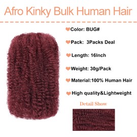 Mscat 16 Inch 3 Bundles Bungundy Afro Kinkys Bulk Human Hair For Dreadlocks, Dreadlocks Extensions Braiding Twist Afro Kinky Human Hair For Locs Mini Twists Braiding Afro Kinky Hair 30 g/pack (bug#)