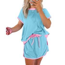 SELINK Lounge Sets for Women 2 Piece Skirt Colorblock Drop Shoulder T Shirt and Skort Set Summer Tracksuits Blue-M