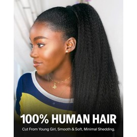 Megalook hair Yaki Straight Half Wig Human Hair Drawstring Ponytail Wig 3 In 1 Beginner Friendly No Lace Flip Over Half Wig Headband Wig Human Hair 200% Density Glueless Wigs for Women 20 Inch